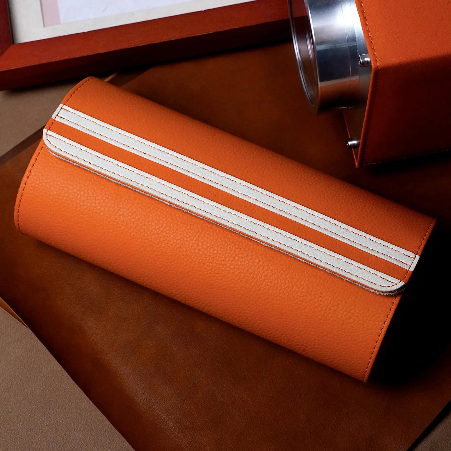 best luxury leather 3 watch roll-Orange_06