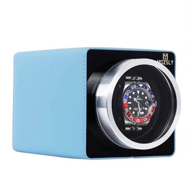 Best Single Watch Winder Box-Light Blue Leather-Mozsly