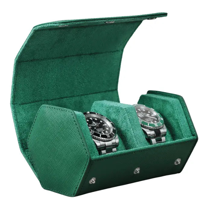 Luxury Green 2 Watch Travel Display Case-MOZSLY-1