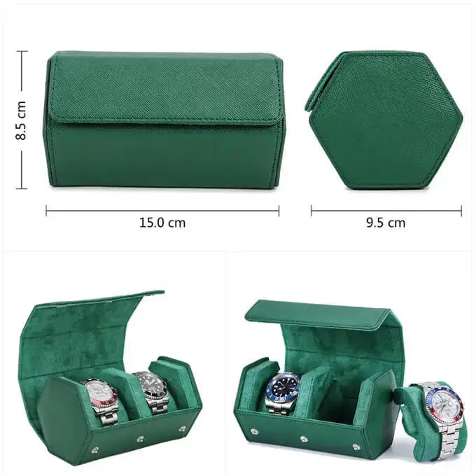 Green Leather Watch Case for Men Watch Roll Travel Display-2 Slots Green Leather Watch Case for Men Watch Roll Travel Display-2 Slots
