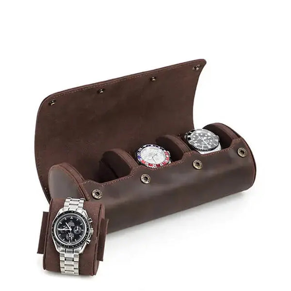 Coffee Genuine Leather Watch Roll for 3 Watches | MOZSLY