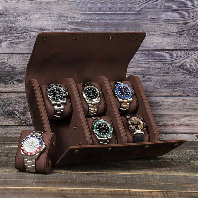 Coffee Genuine Leather Watch Roll Travel Case For 6 Watches Mozsly