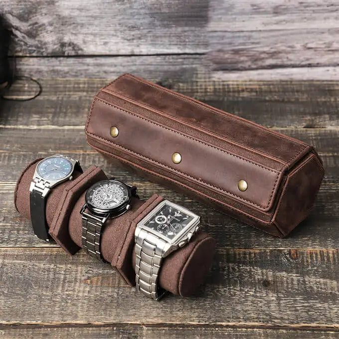 Genuine Leather Hexagon Watch Roll Travel Case For 3 Watches Mozsly